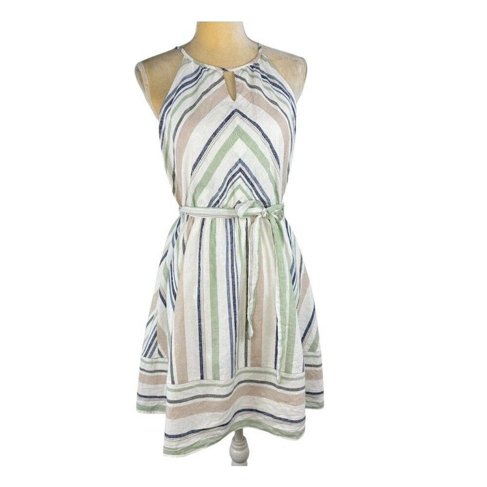 Women's Striped Linen Blend Lined Keyhole Halter Dress Multicolor Size M Miami - Picture 2 of 16